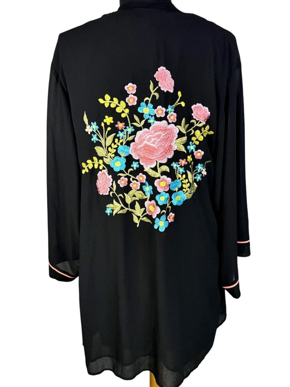 Black Sheer Floral Embroidered Kimono Duster Resort Beach Cover Up Large